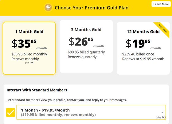Screenshot of the Adultfriendfinder prices