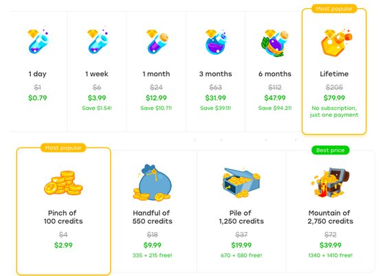 Screenshot of the Badoo prices