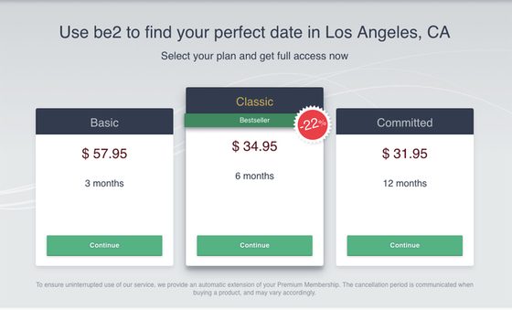 Screenshot of the be2 prices