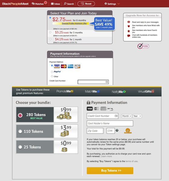 Screenshot of the BlackPeopleMeet prices