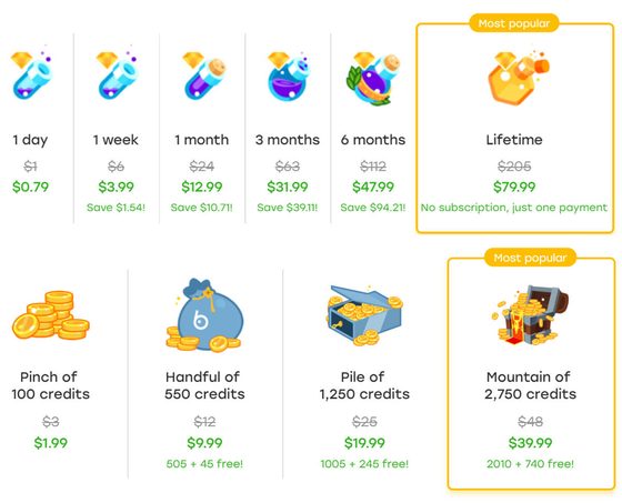 Screenshot of the Hot or Not prices