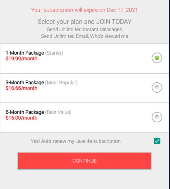 Screenshot of the Lavalife prices