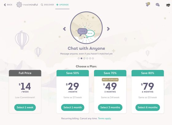 Screenshot of the MeetMindful prices