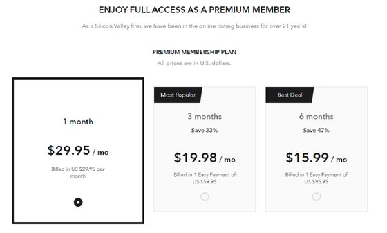 Screenshot of the Older Women Dating prices