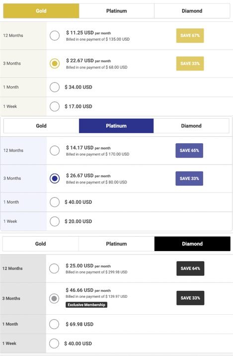 Screenshot of the RussianCupid prices