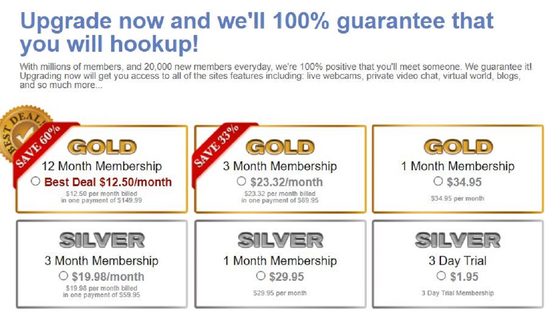 Screenshot of the SocialSex prices