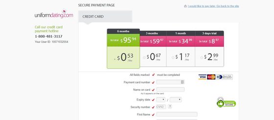 Screenshot of the UniformDating prices