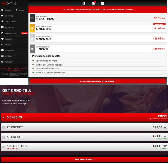 Screenshot of the XXX Dating prices